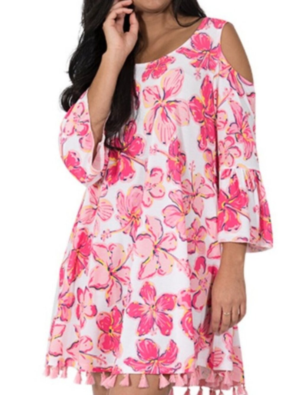 Simply Southern Sarasota Cold Shoulder Tassel Dress L Pink Floral Resort Beach